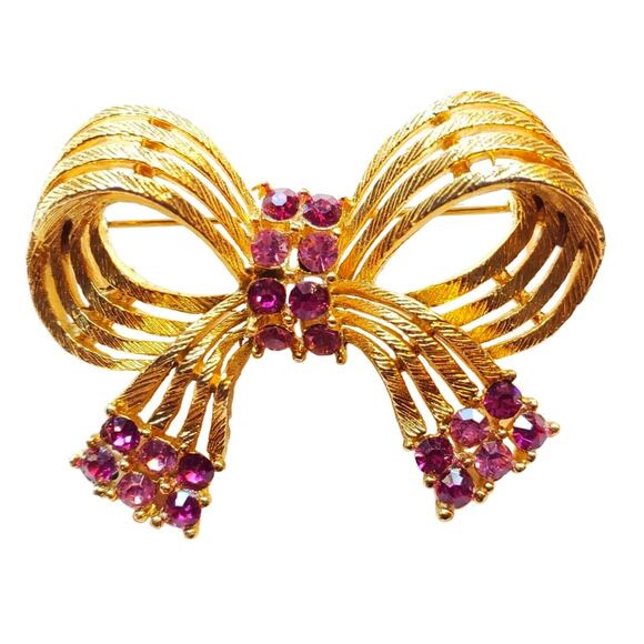 Lisner Gold Bow Brooch Magenta Pink Rhinestone Ribbon Pin Vintage Signed - Picture 5 of 5